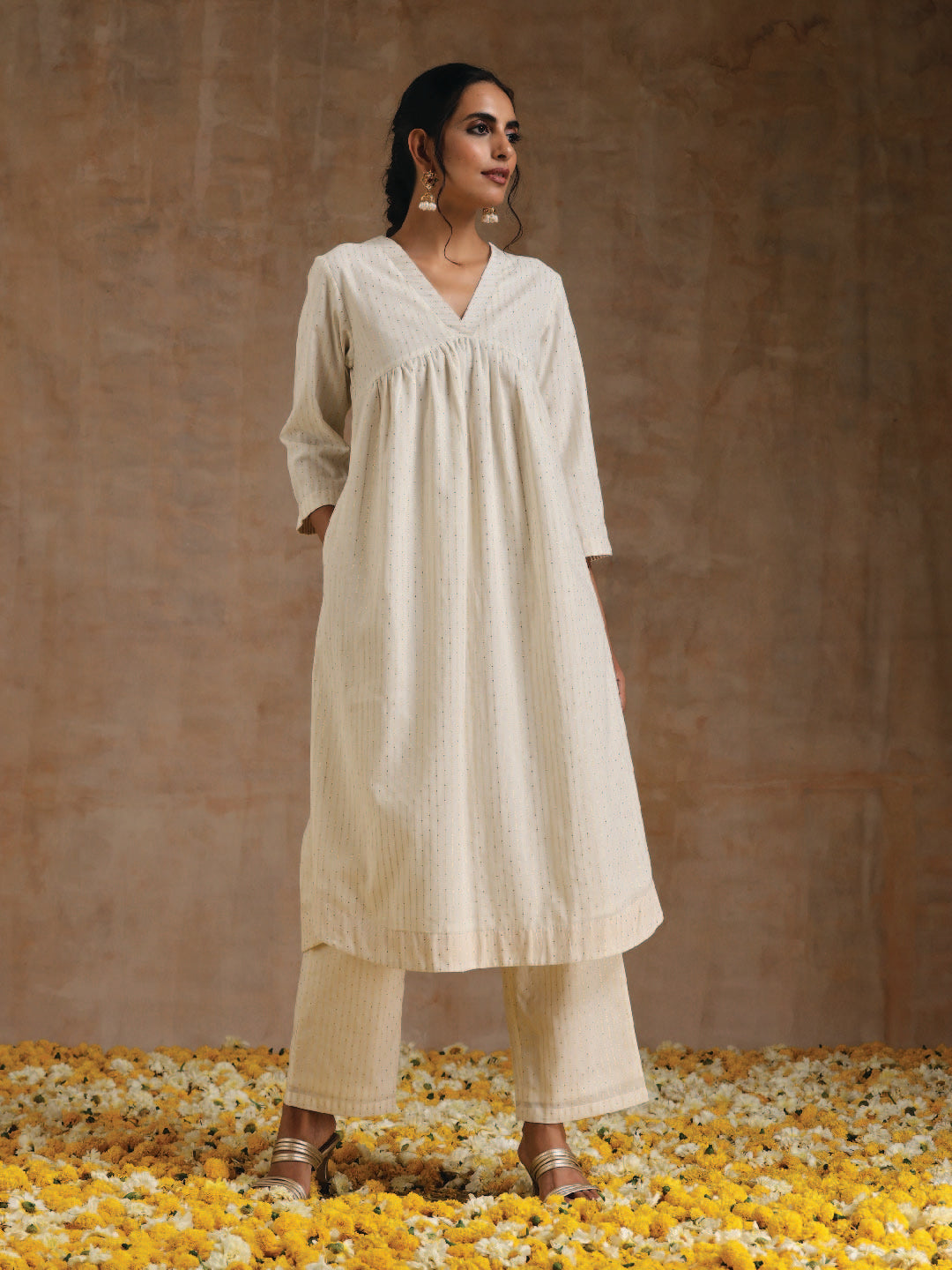 trueBrowns Ivory Gold Cotton Flared Kurta Set | Swadesiicart