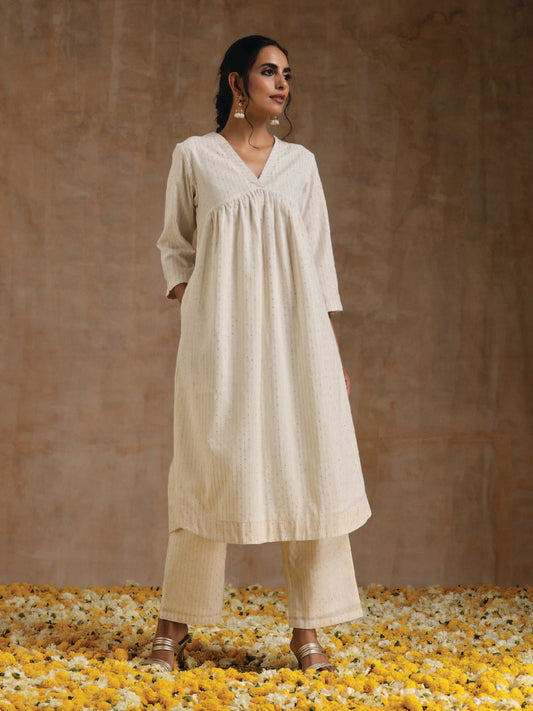 trueBrowns Ivory Gold Cotton Flared Kurta Set | Swadesiicart
