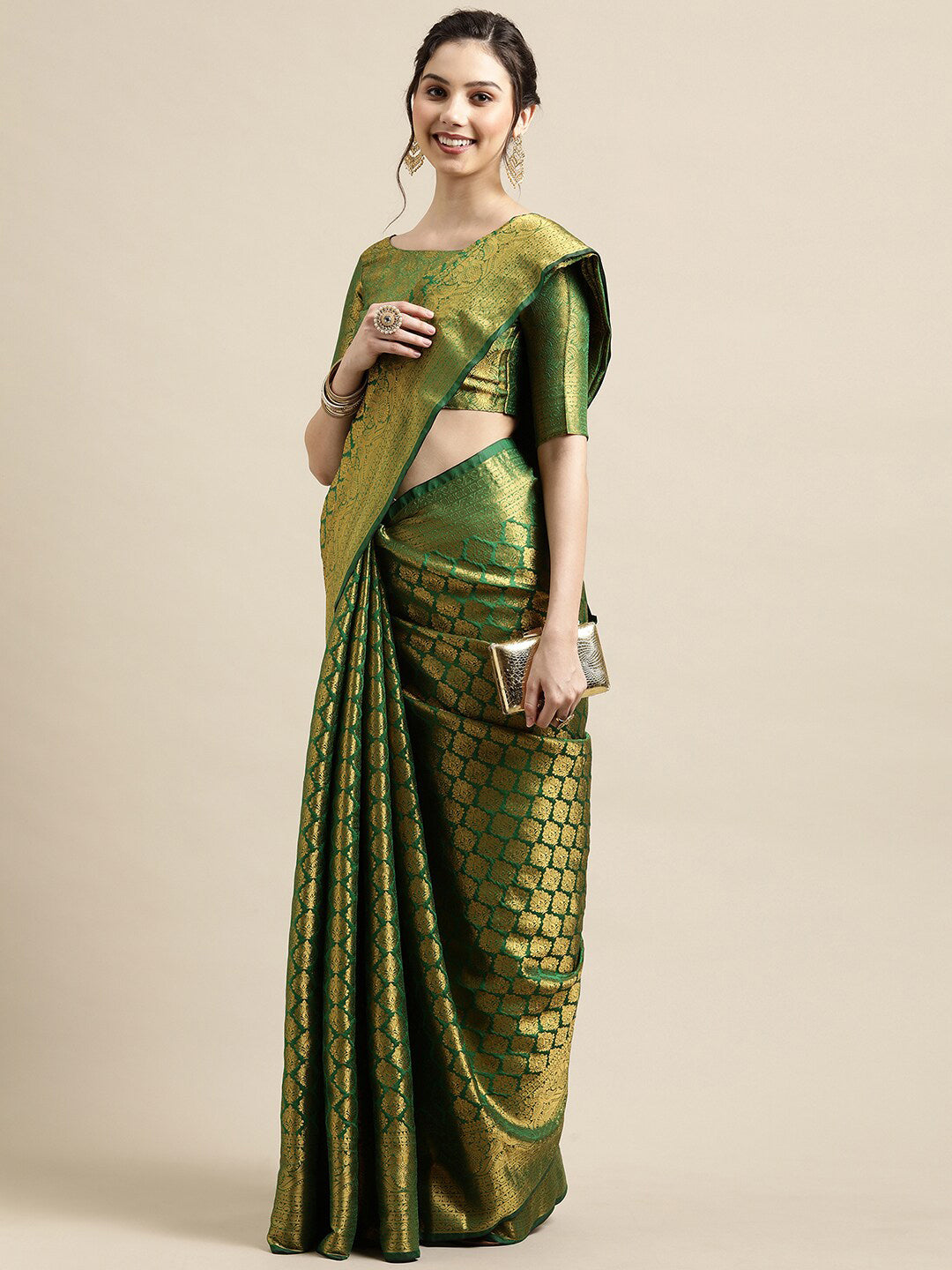 Saree Mall Green & Gold-Toned Woven Design Zari Silk Blend Banarasi Saree | Swadesiicart