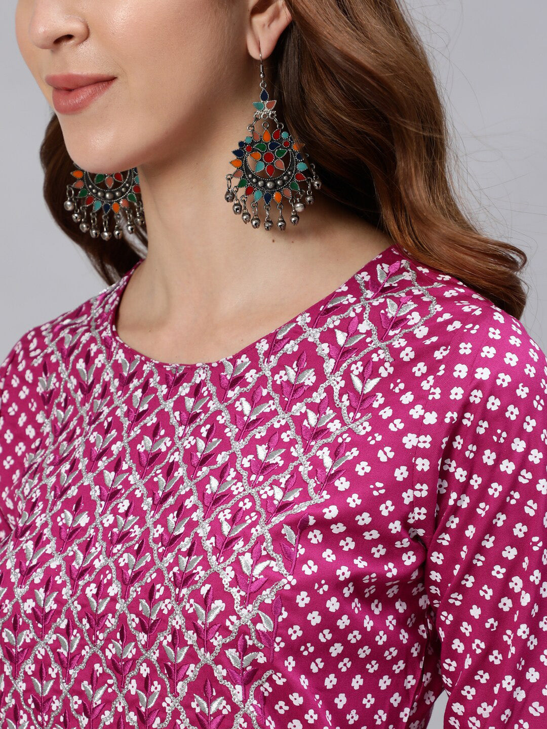 Jaipur Kurti Women Magenta Printed Straight Kurta With Embroidered Yoke Design - Swadesiicart