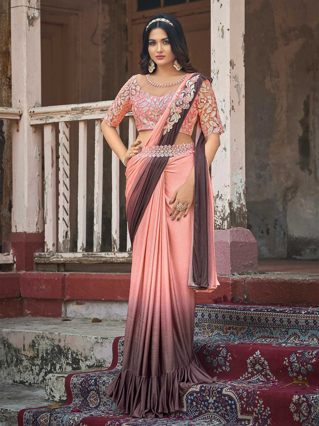 Mitera Pink & Brown Embellished Sequinned Ready to Wear Saree | Swadesiicart