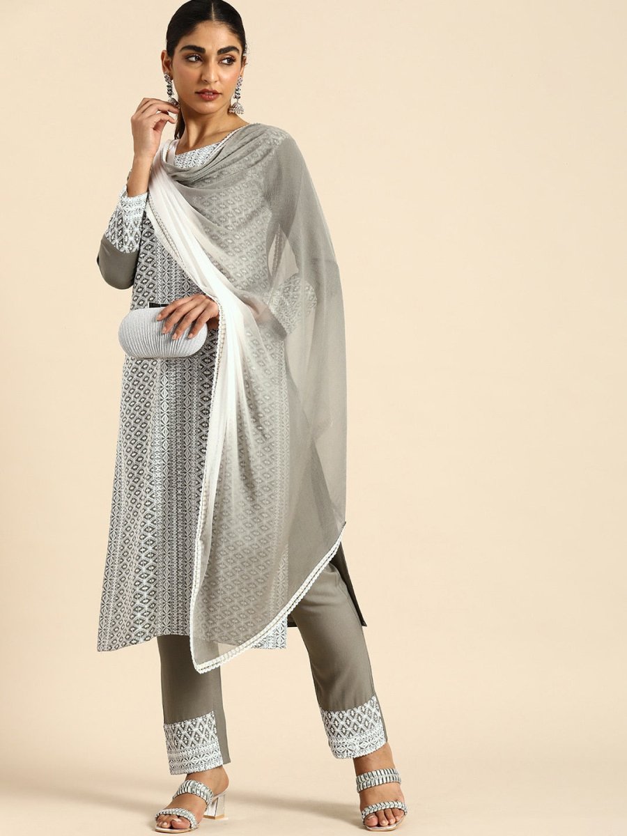 All About You Women Embroidered Chikankari Kurta With Trousers & With Dupatta | Swadesiicart