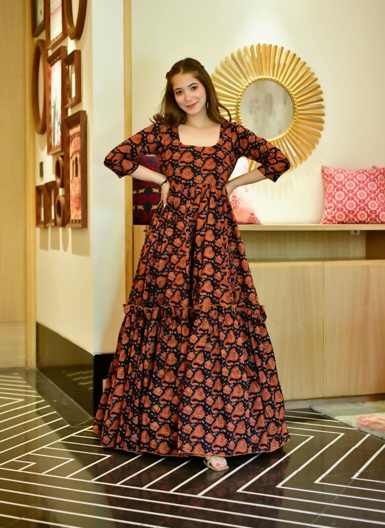 Jyoti Fashion Women's Brown Heavy Digital Printed Cotton Silk Anarkali Dress | Swadesiicart