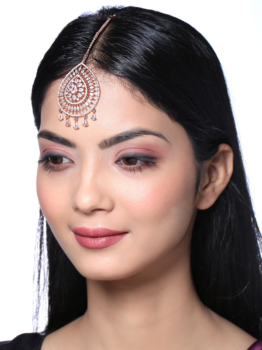 Yellow Chimes Rose Gold-Polished Ad Stone-Studded Maang Tikka | Swadesiicart