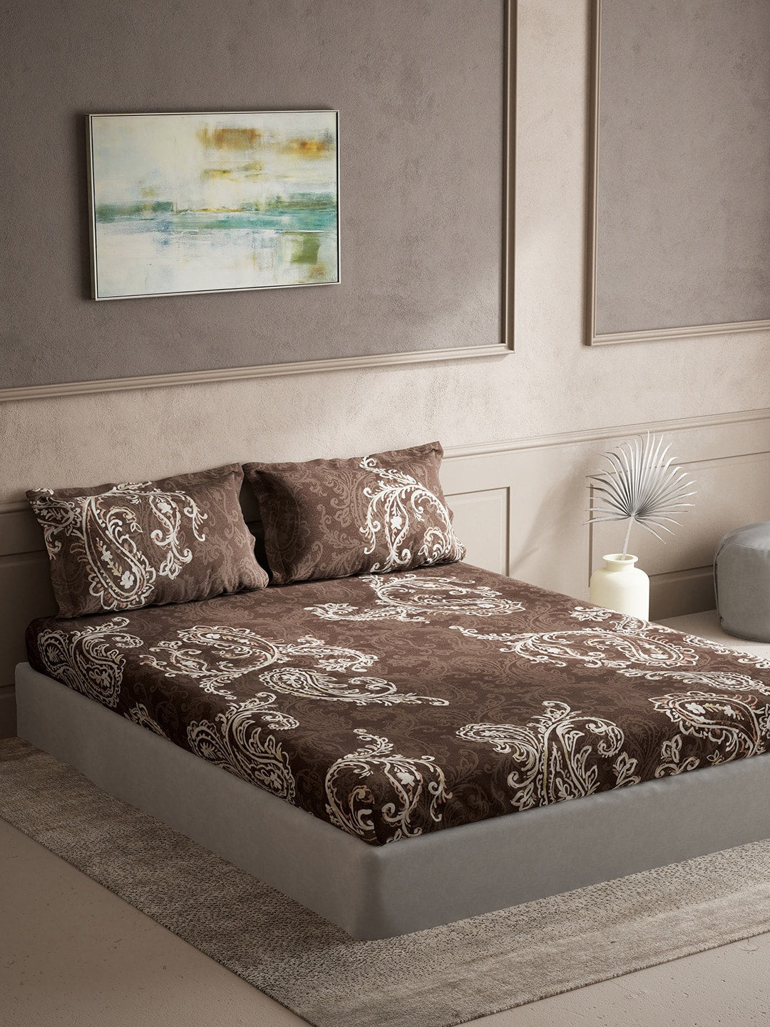 DDecor Brown & White Ethnic Motifs Cotton 140 TC King Bedsheet With 2 Pillow Covers - Swadesiicart