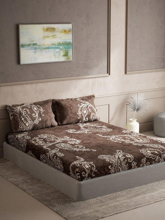 DDecor Brown & White Ethnic Motifs Cotton 140 TC King Bedsheet With 2 Pillow Covers - Swadesiicart