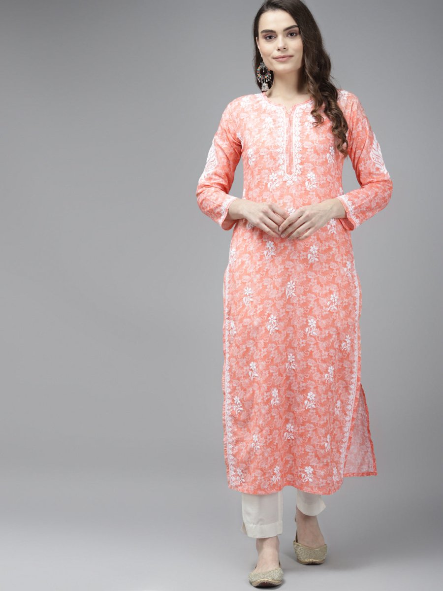 ADA Women Peach-Coloured & White Ethnic Motifs Chikankari Cotton Handloom Kurta | Swadesiicart
