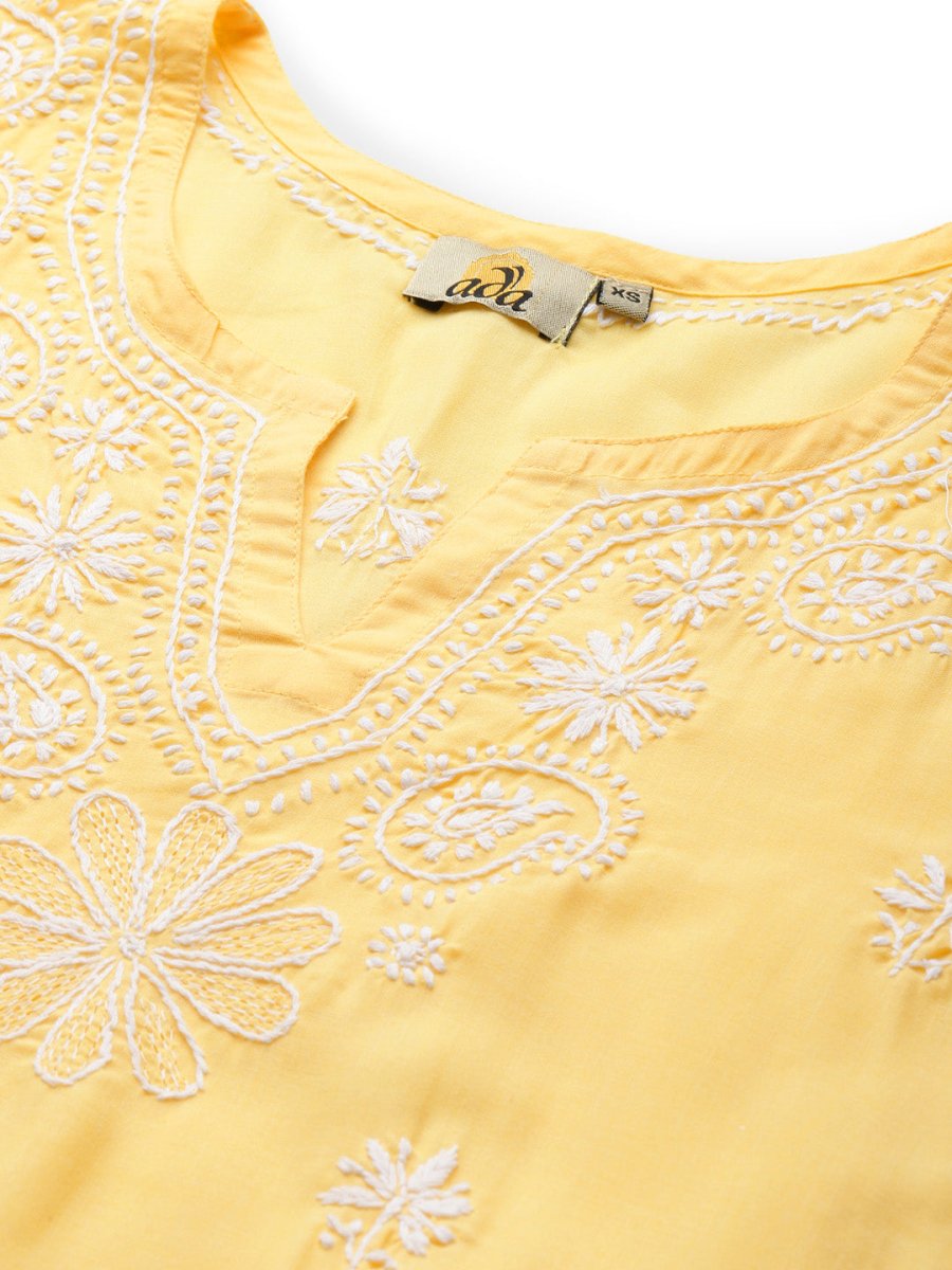 ADA Women Yellow Ethnic Motifs Embroidered Chikankari Handloom Kurta with Palazzos | Swadesiicart