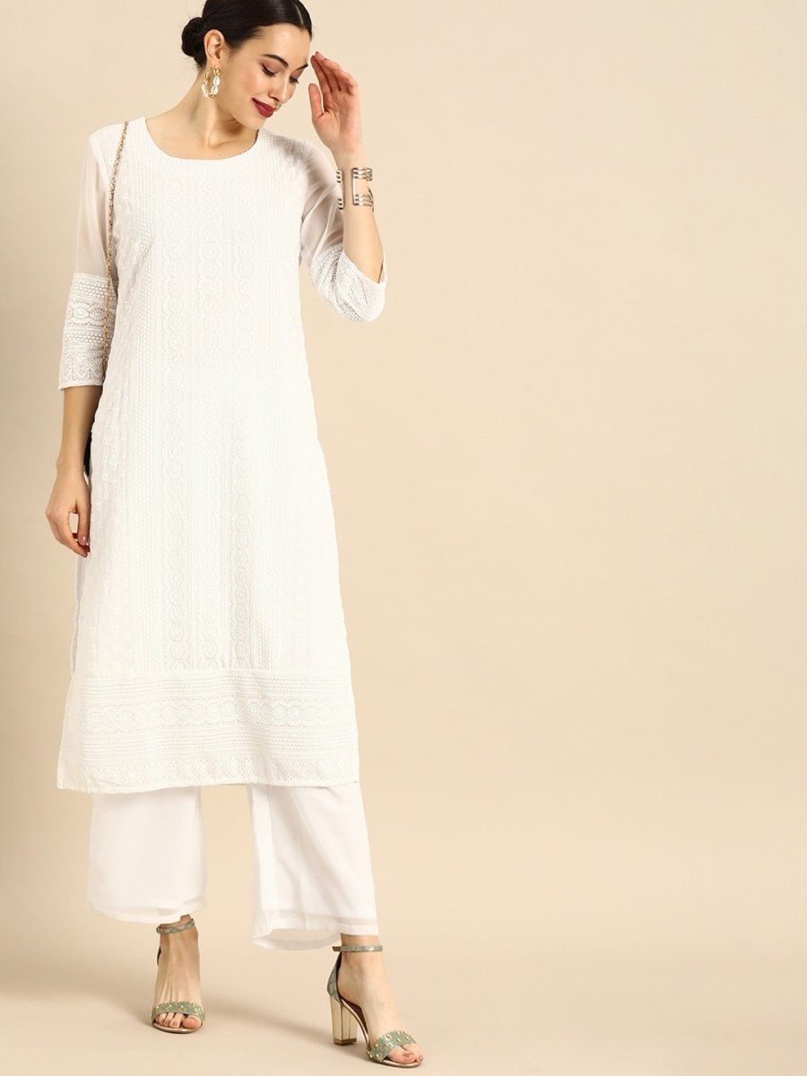 Anouk Women White Chikankari Embroidered Kurta with Palazzos | Swadesiicart