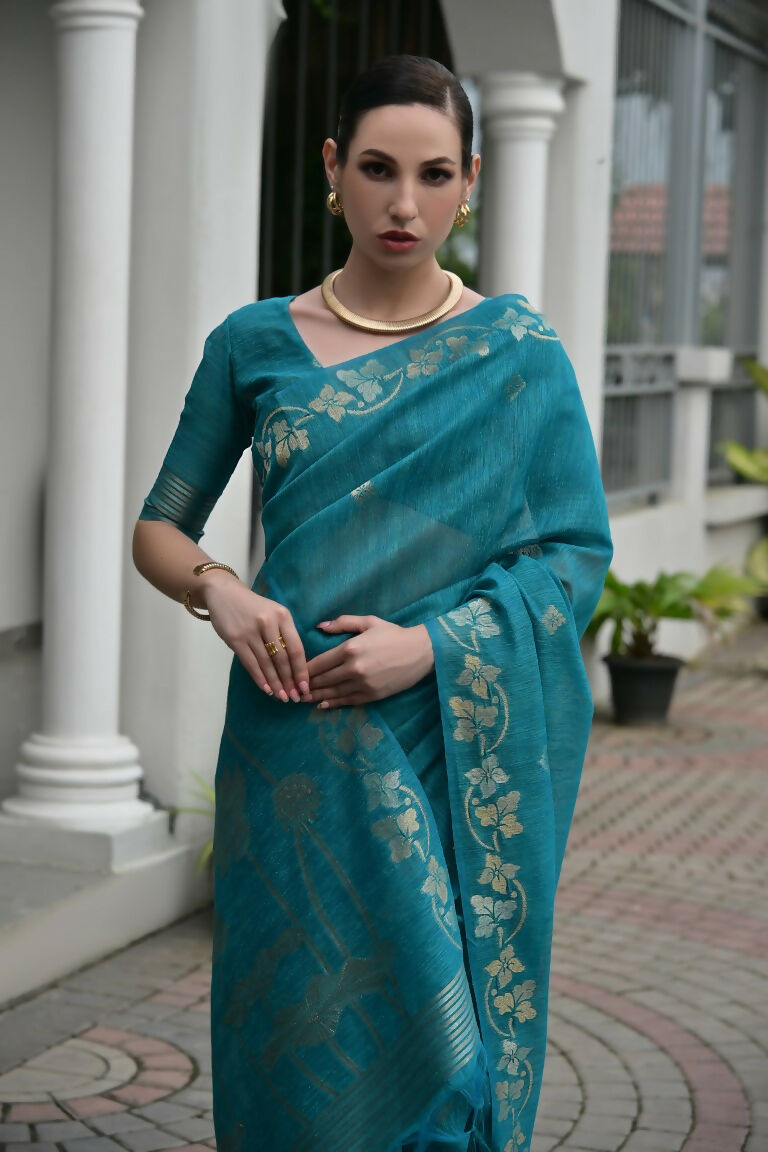 Vishnu Weaves Women's Firozi Linen Silk Zari Weaving Saree with Blouse - Swadesiicart