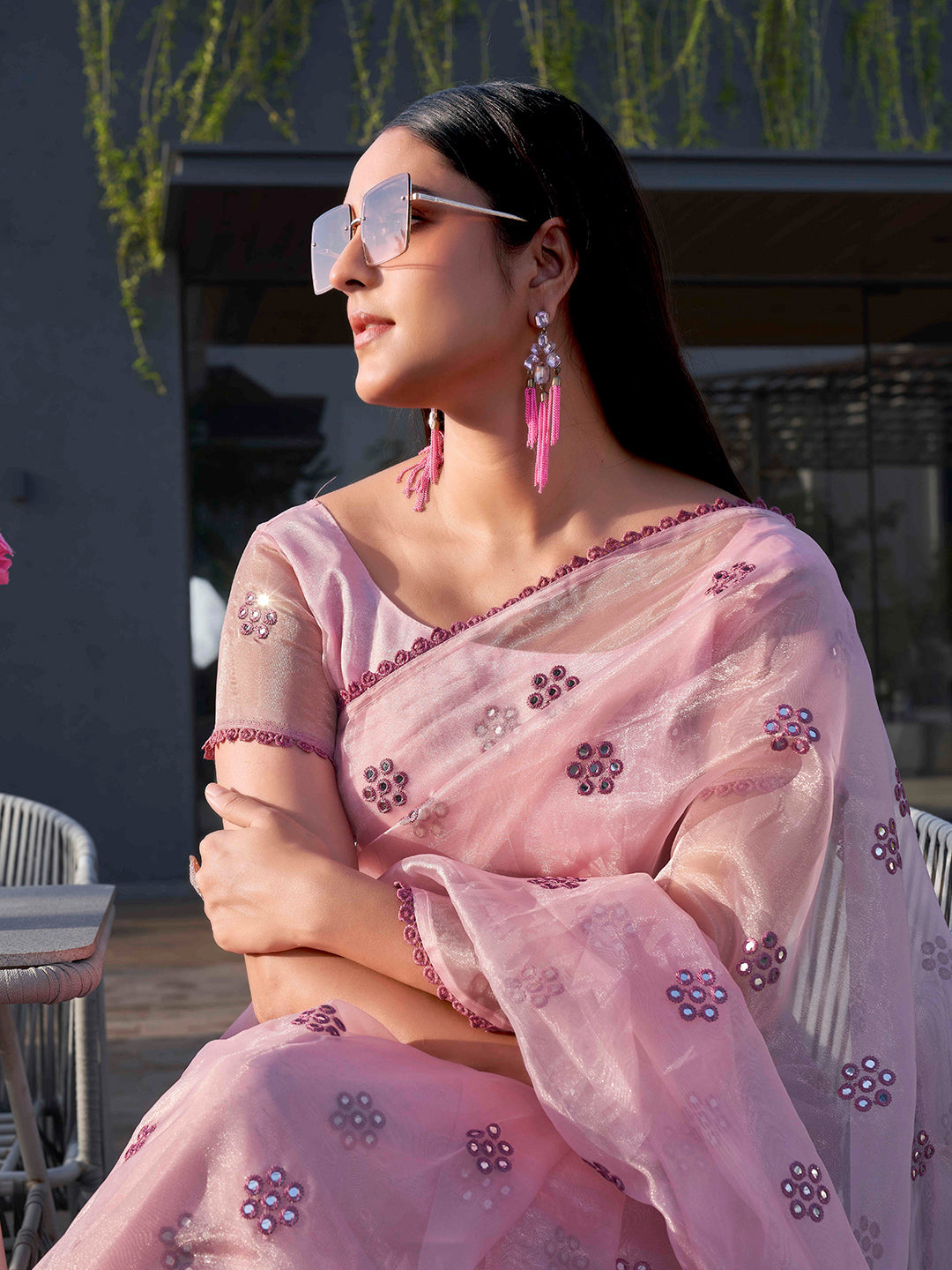 Tikhi Imli Floral Mirror Work Organza Saree | Swadesiicart