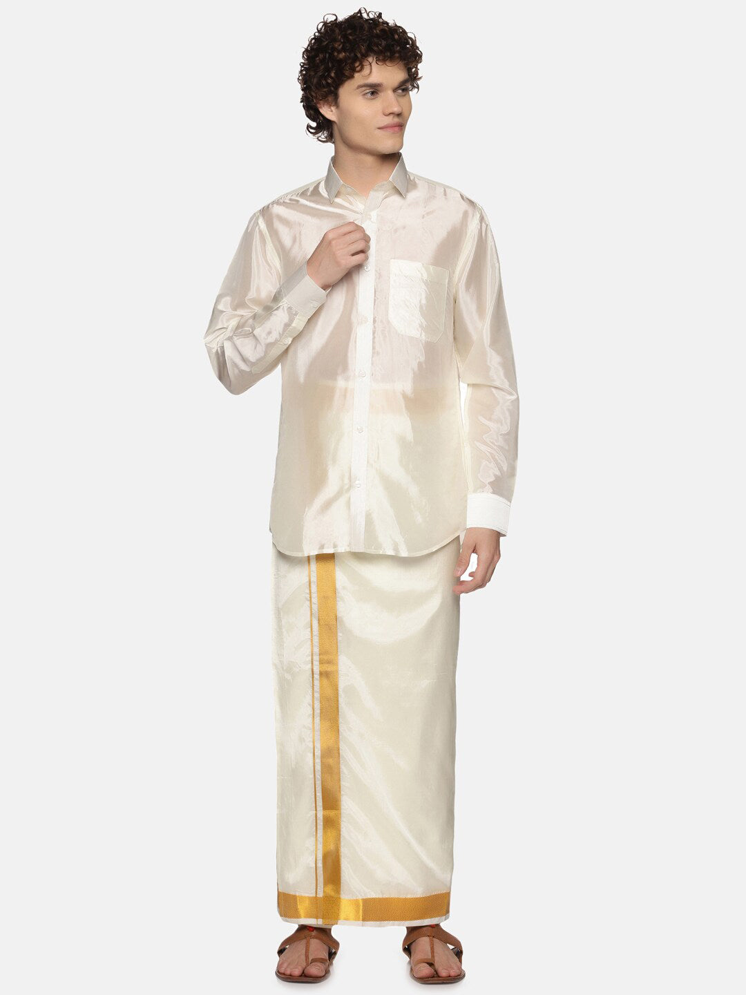 Sethukrishna Men Cream Art Silk Gold Zari Border Dhoti | Swadesiicart