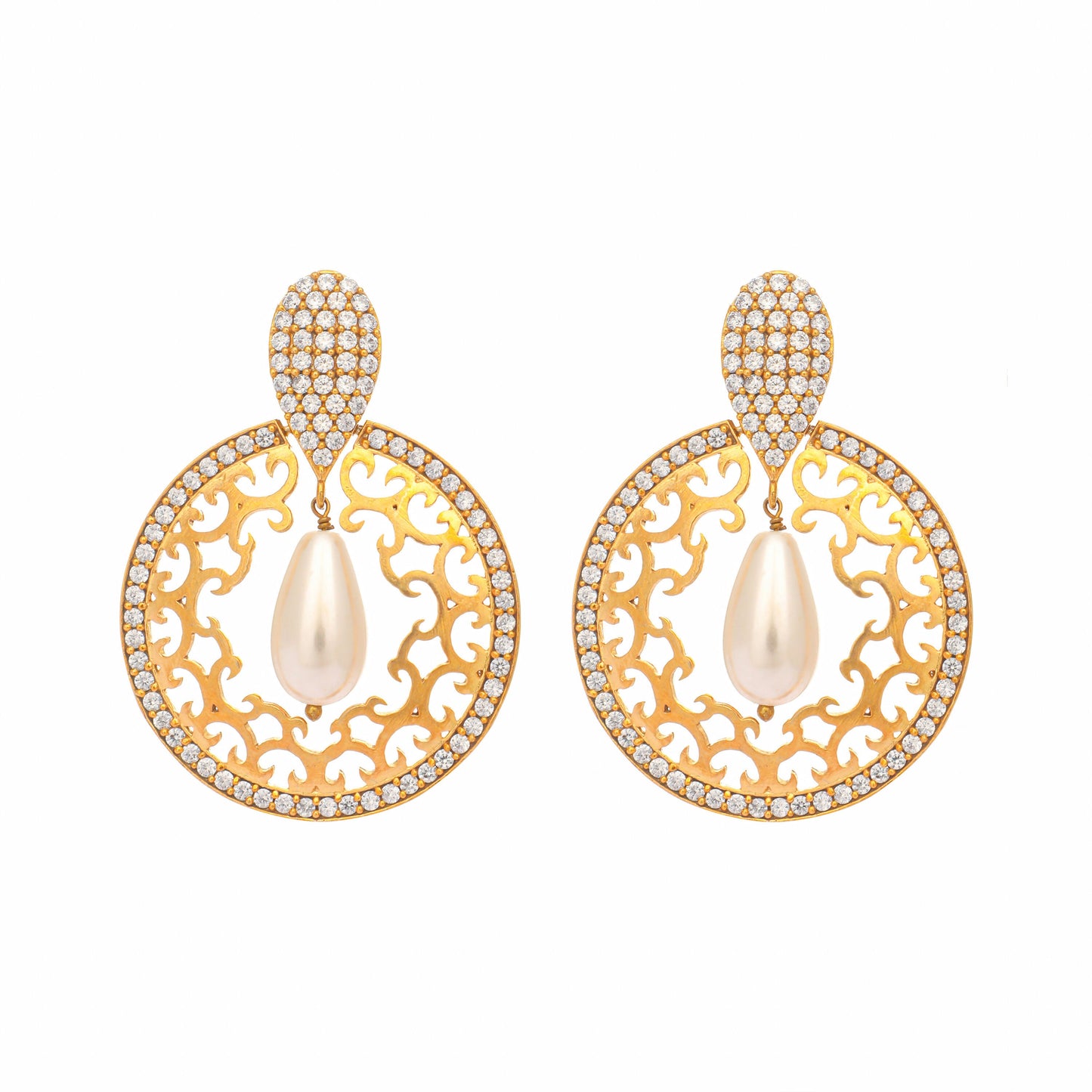 Nuyug 22K Gold Plated Cubic Zirconia Studded Contemporary Moon Shaped Pearl Drop Chandbalis | Swadesiicart