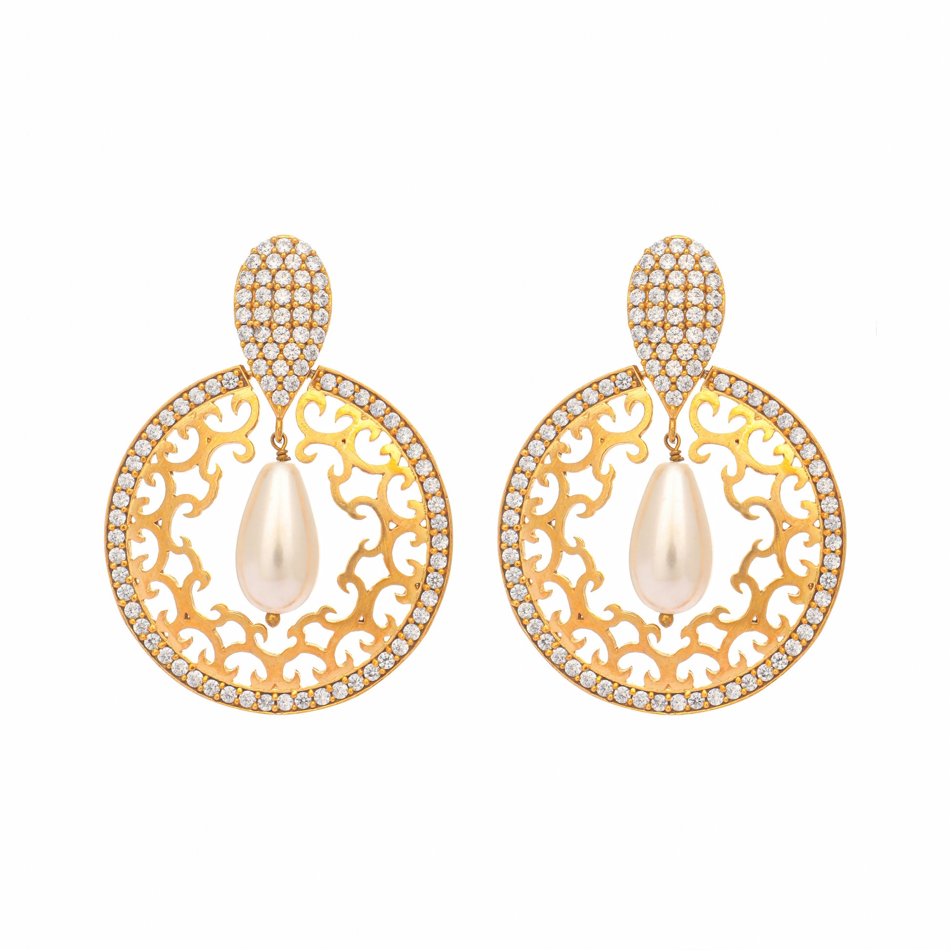 Nuyug 22K Gold Plated Cubic Zirconia Studded Contemporary Moon Shaped Pearl Drop Chandbalis | Swadesiicart