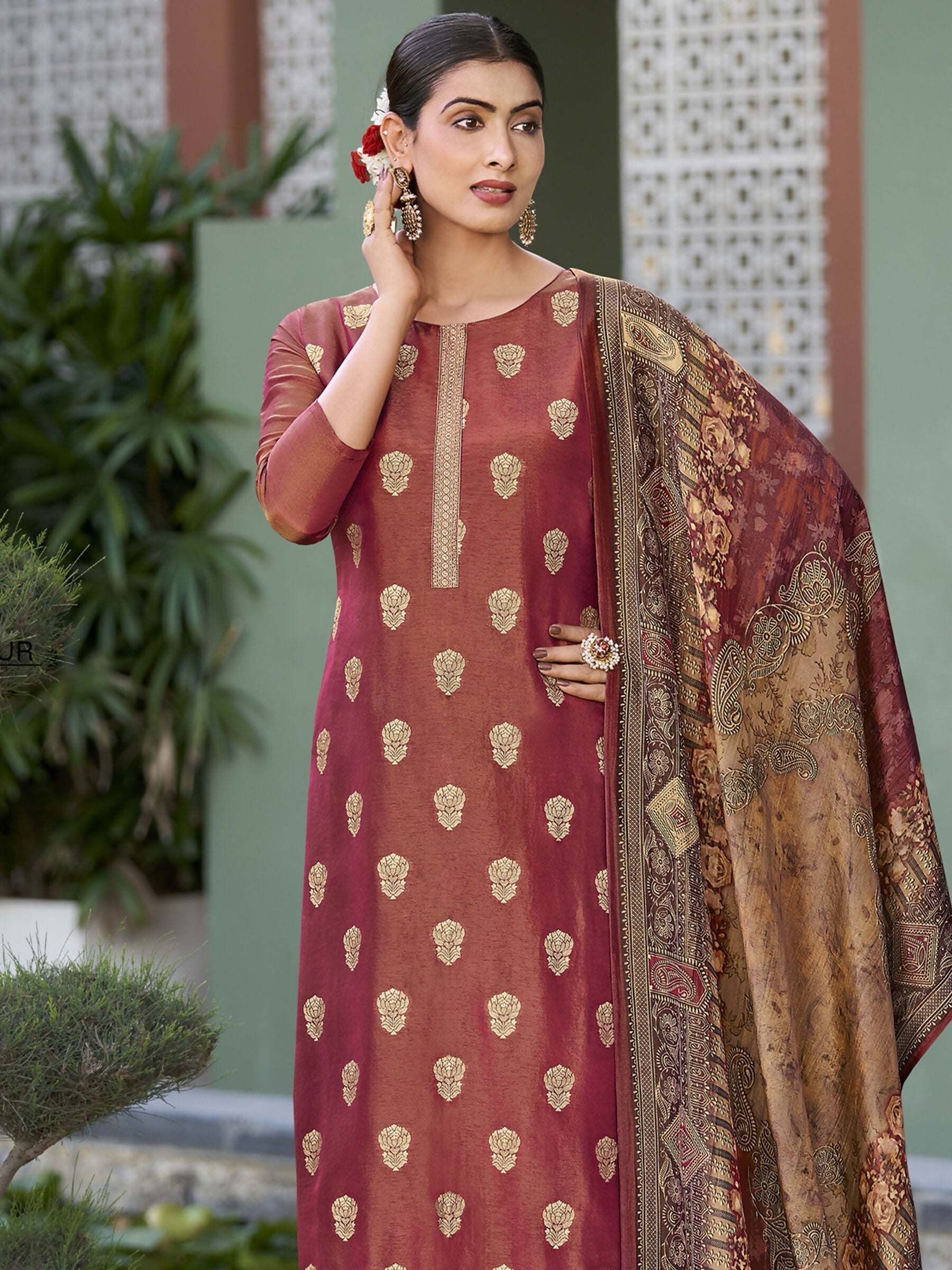 Jyoti Fashion Women's Maroon Pure Silk Elegant Jacquard Woven Kurta with Trouser & Dupatta | Swadesiicart