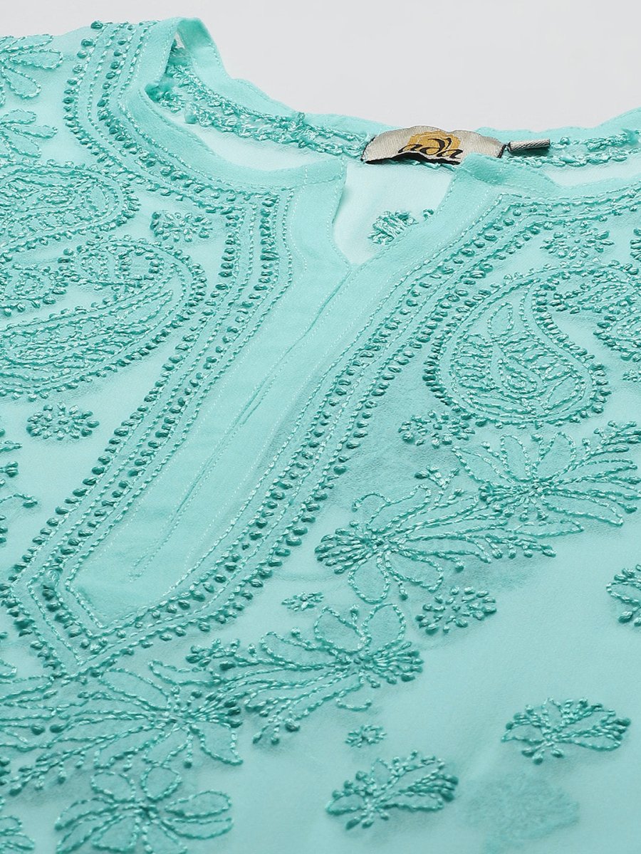 ADA Women Sea Green Embroidered Regular Chikankari Handloom Kurta with Trousers | Swadesiicart