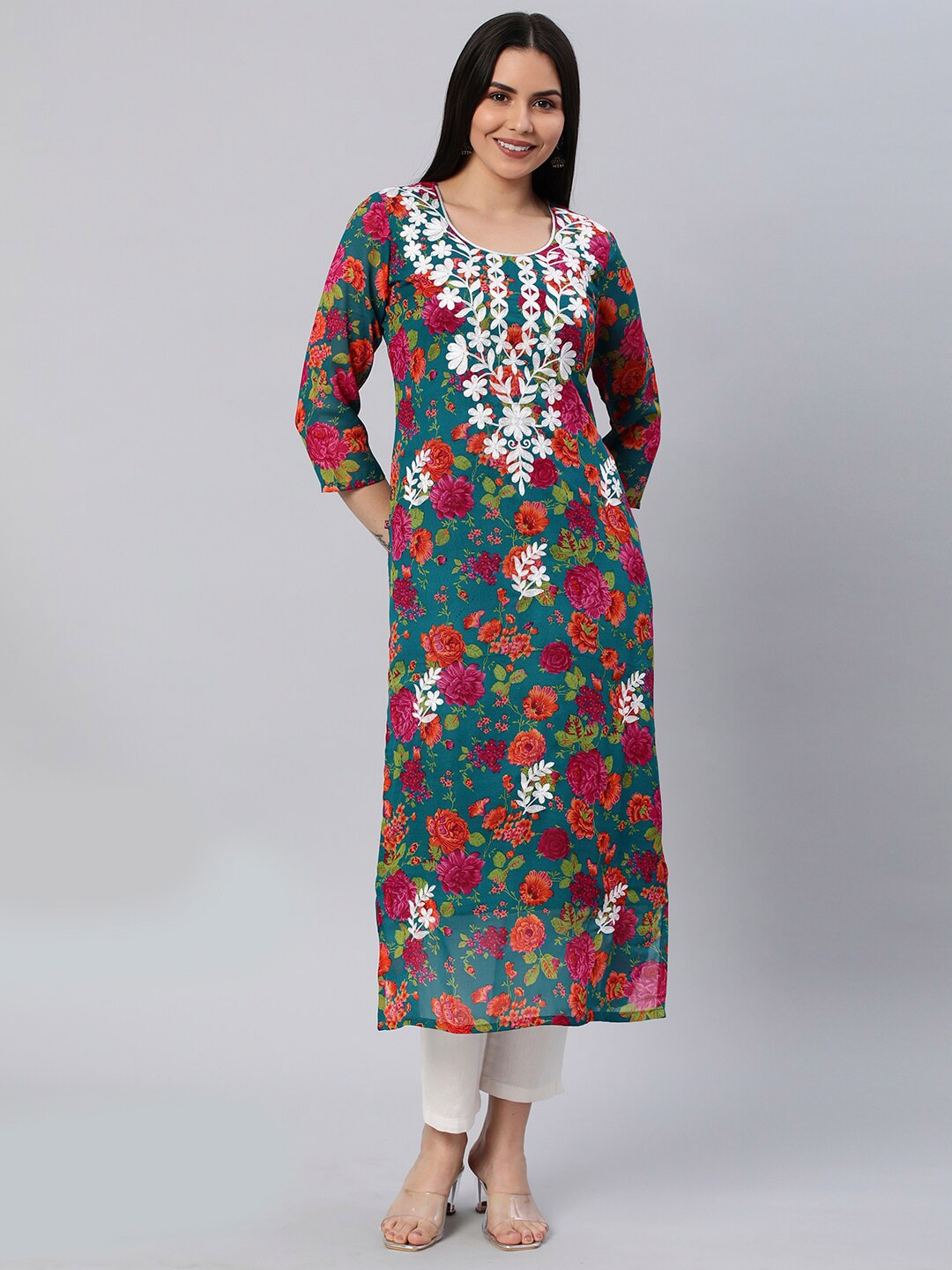 Kalini Floral Printed Chikankari Embroidered Straight Kurta | Swadesiicart