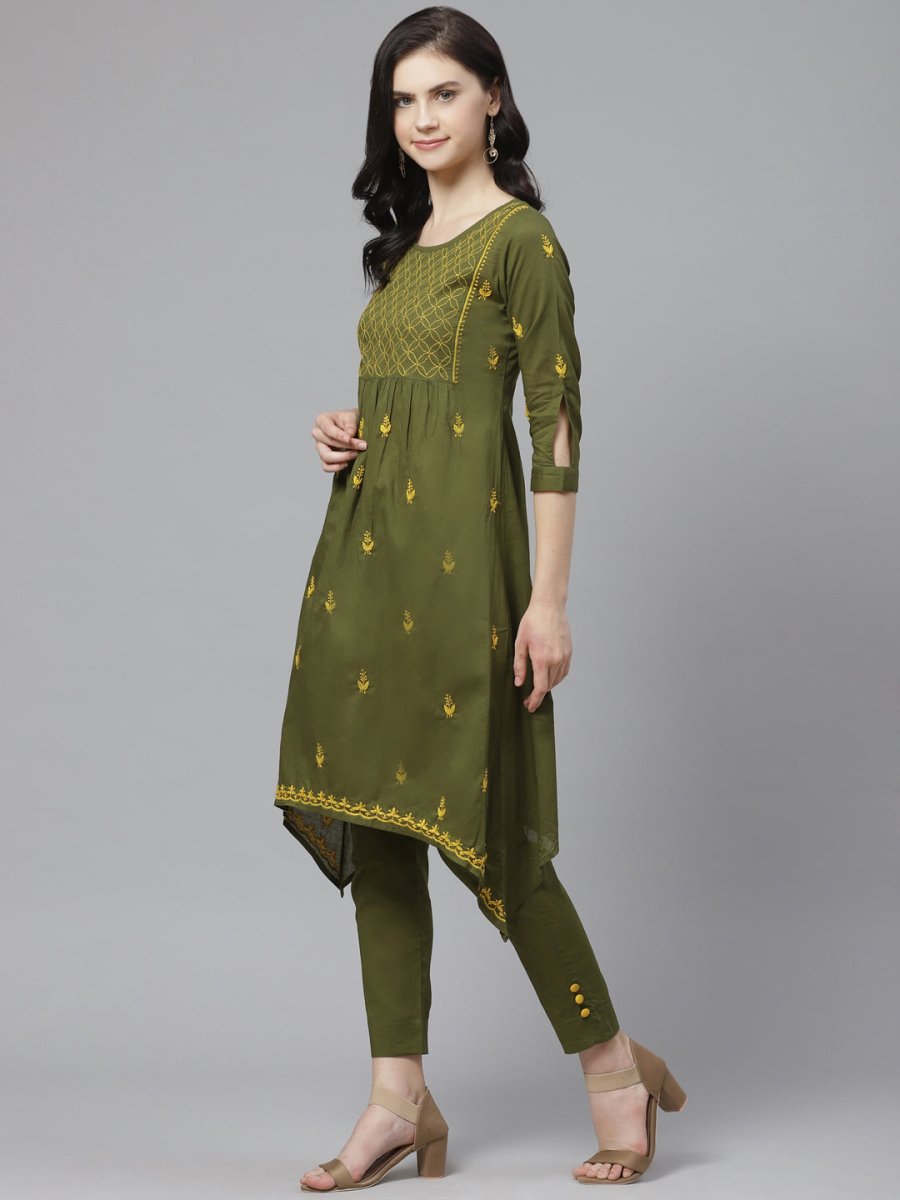 ADA Women Green & Yellow Chikankari Embroidered Sustainable Handloom Kurta with Trousers | Swadesiicart