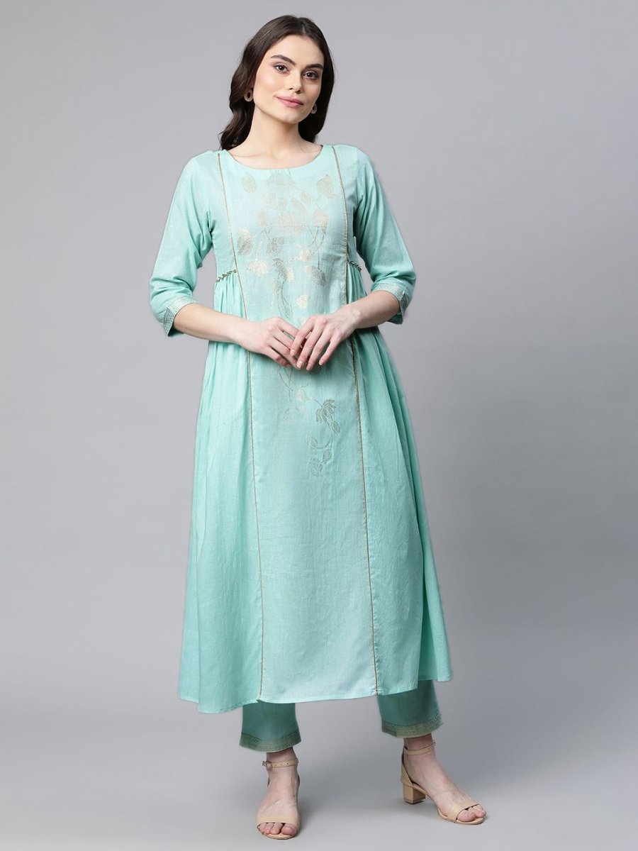 Ahalyaa Women Sea Green Colour Pure Cotton Gold Foil Print Kurta Pant Set | Swadesiicart