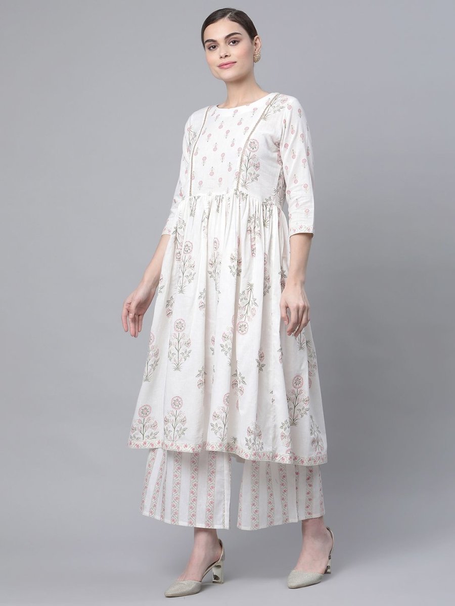 Ahalyaa Women's Off White Pure Cotton Printed Kurta Palazzo Set | Swadesiicart