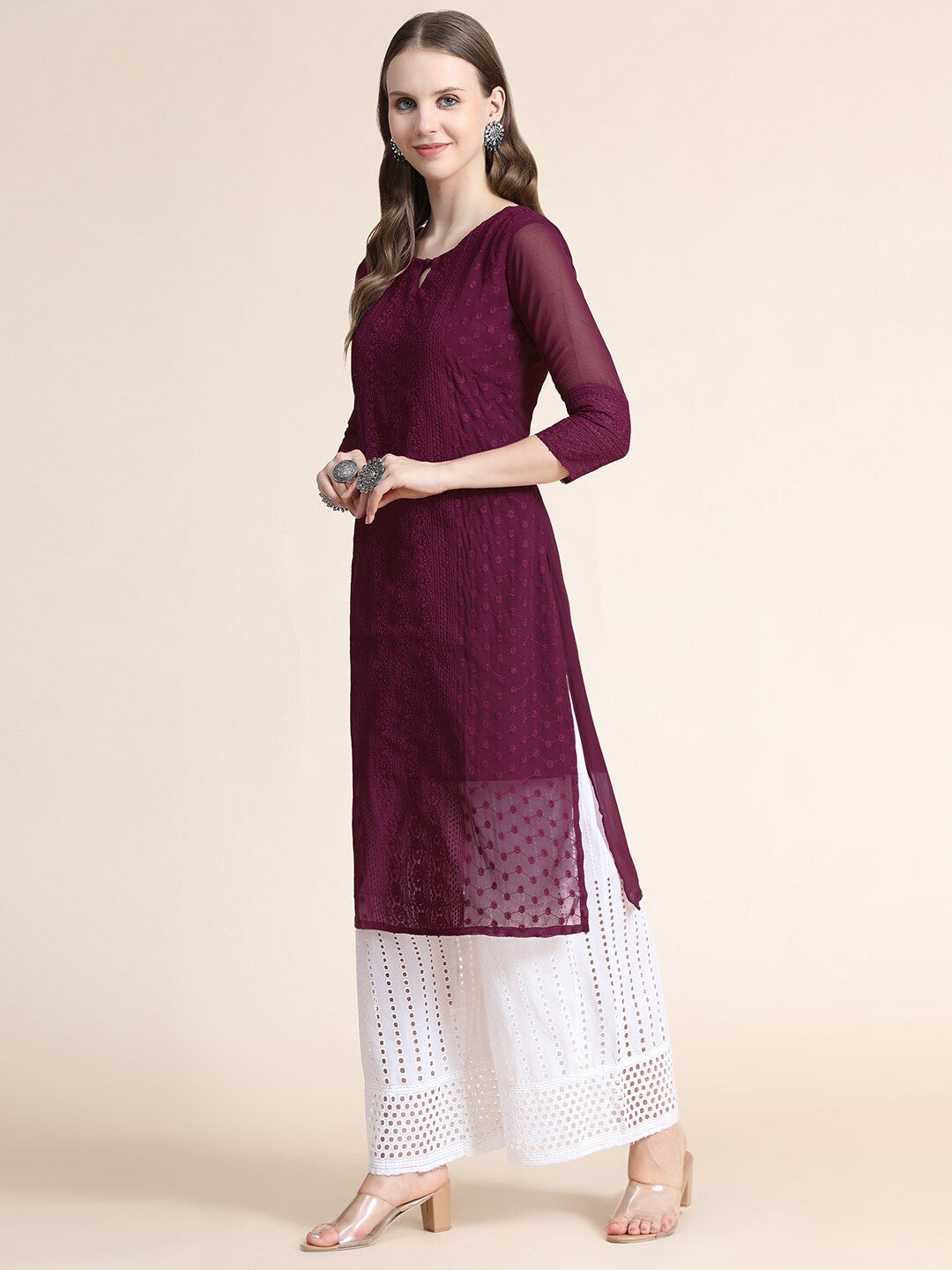 Kalini Women Burgundy Ethnic Motifs Chikankari Kurta | Swadesiicart