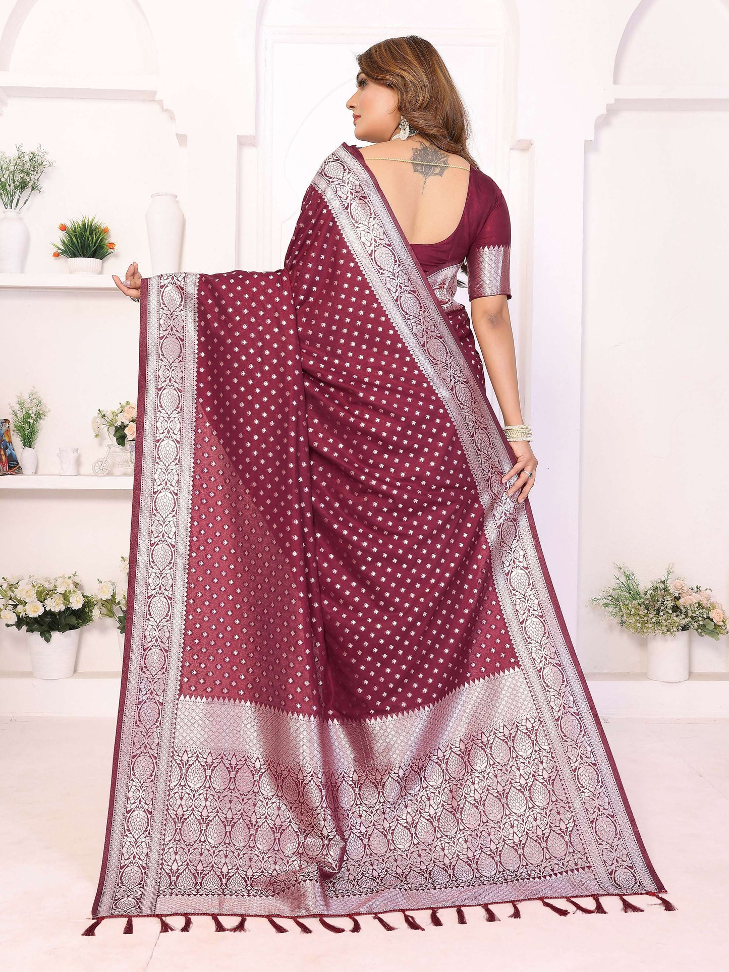 Aastha Fashion Wine Georgette Silk Zari Weaving Saree