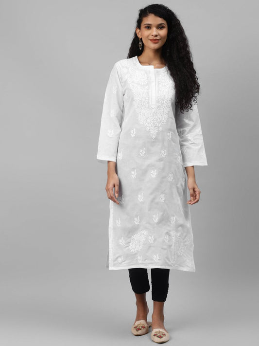 ADA Women White & Black Paisley Embroidered Chikankari Handloom Kurta with Trousers | Swadesiicart