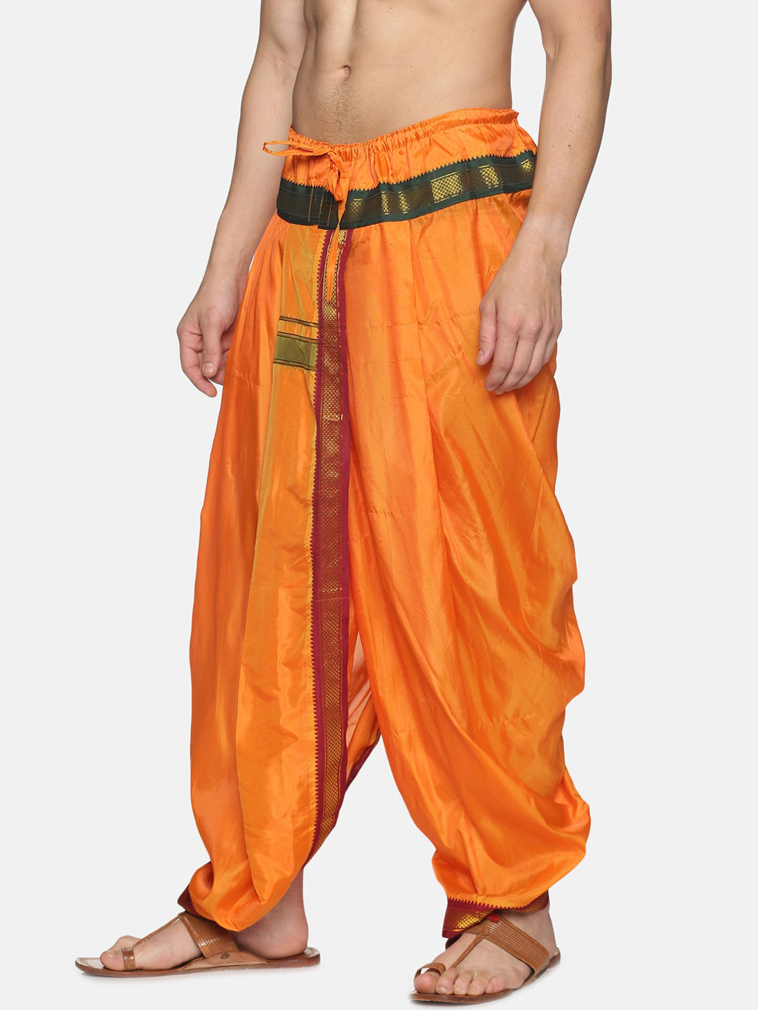 Sethukrishna Men Orange & Green Solid Readymade Dhoti Pant | Swadesiicart