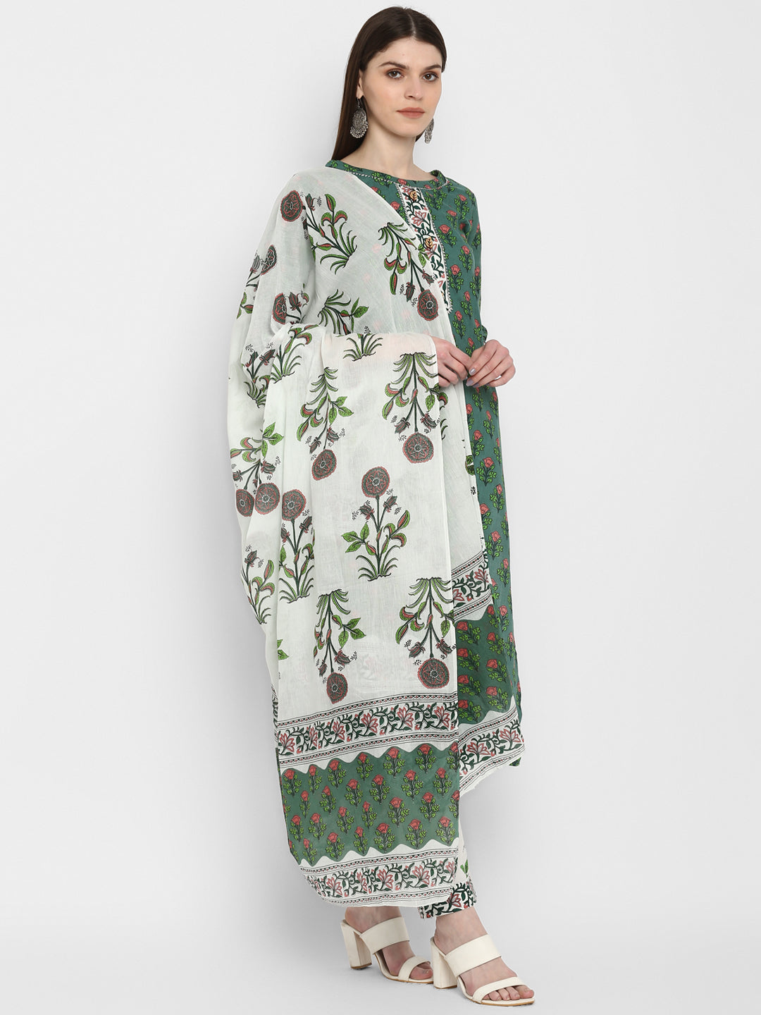 NOZ2TOZ Women's Block Print Green Kurta & Pant With Dupatta Set- (3pcs Set) - Noz2Toz