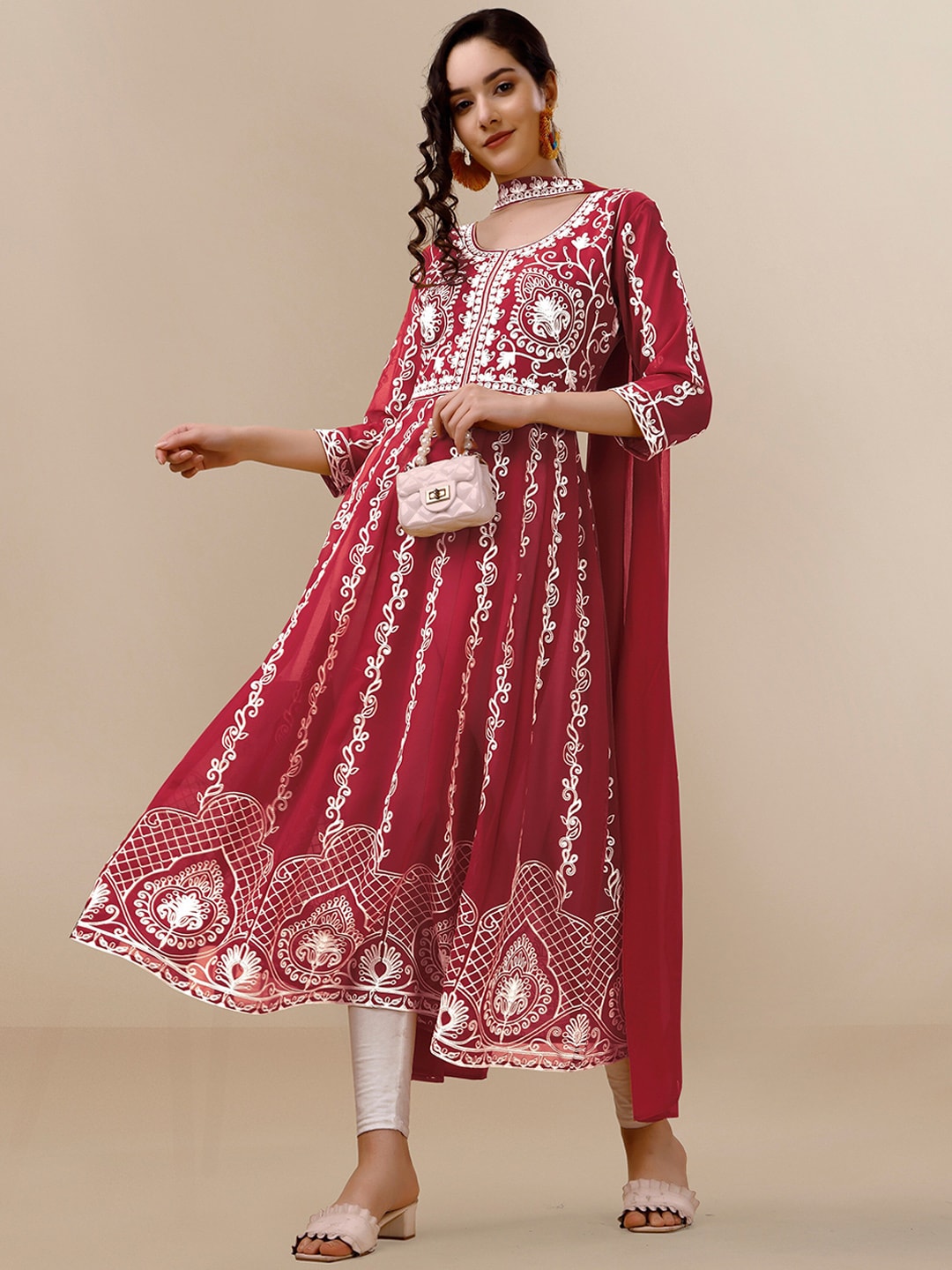HERE&NOW Maroon & White Ethnic Motifs Embroidered Chikankari Kurta & Dupatta | Swadesiicart