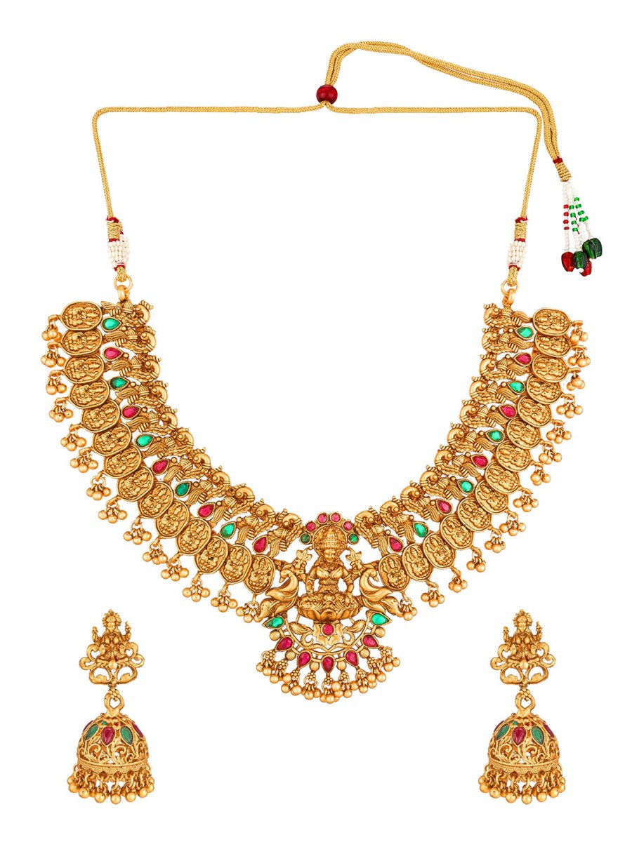 Aadita Gold-Toned Red & Green Stone-Studded Temple Jewelry Set - Swadesiicart