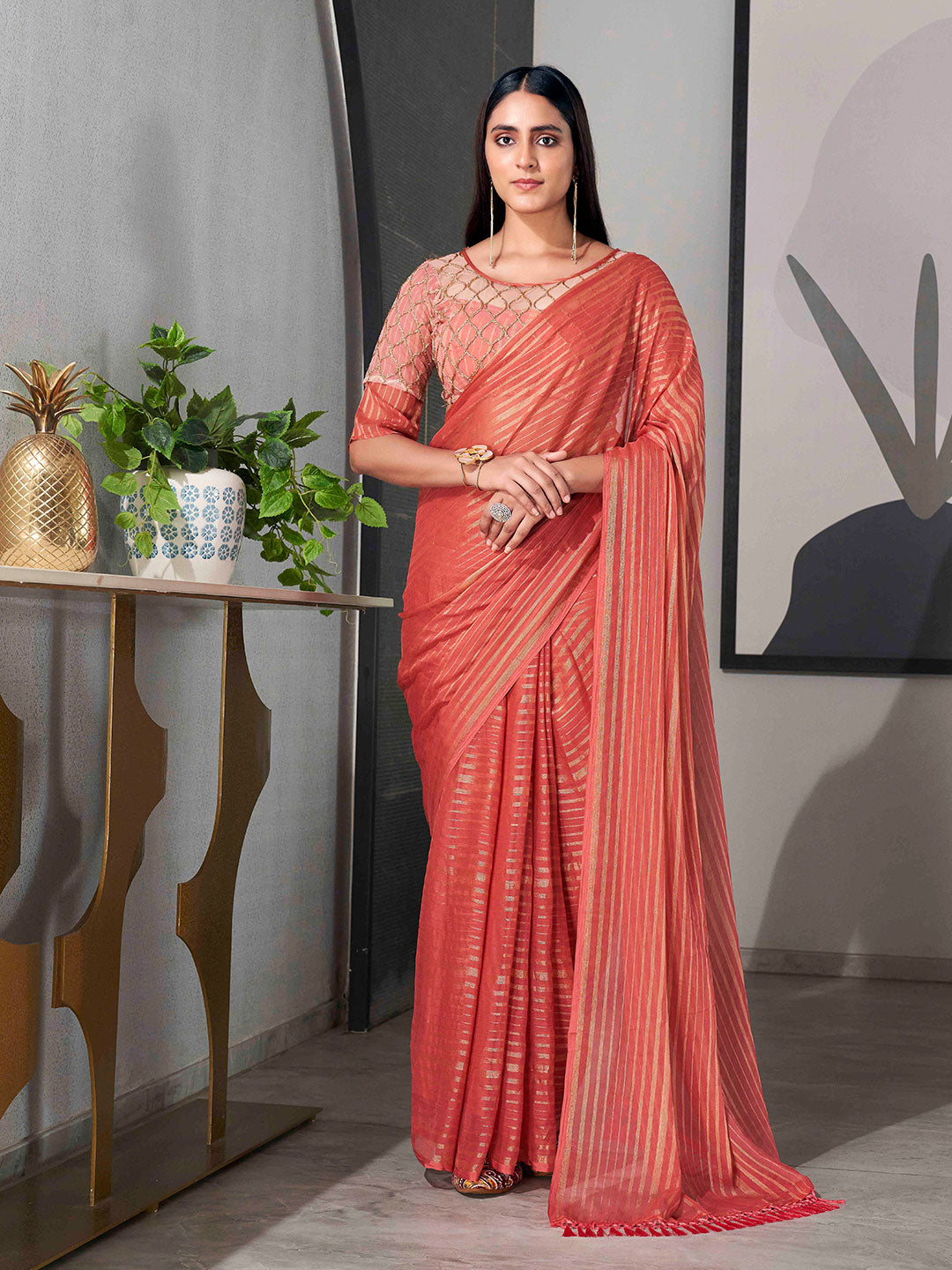 Tikhi Imli Striped Chiffon Ready to Wear Saree | Swadesiicart