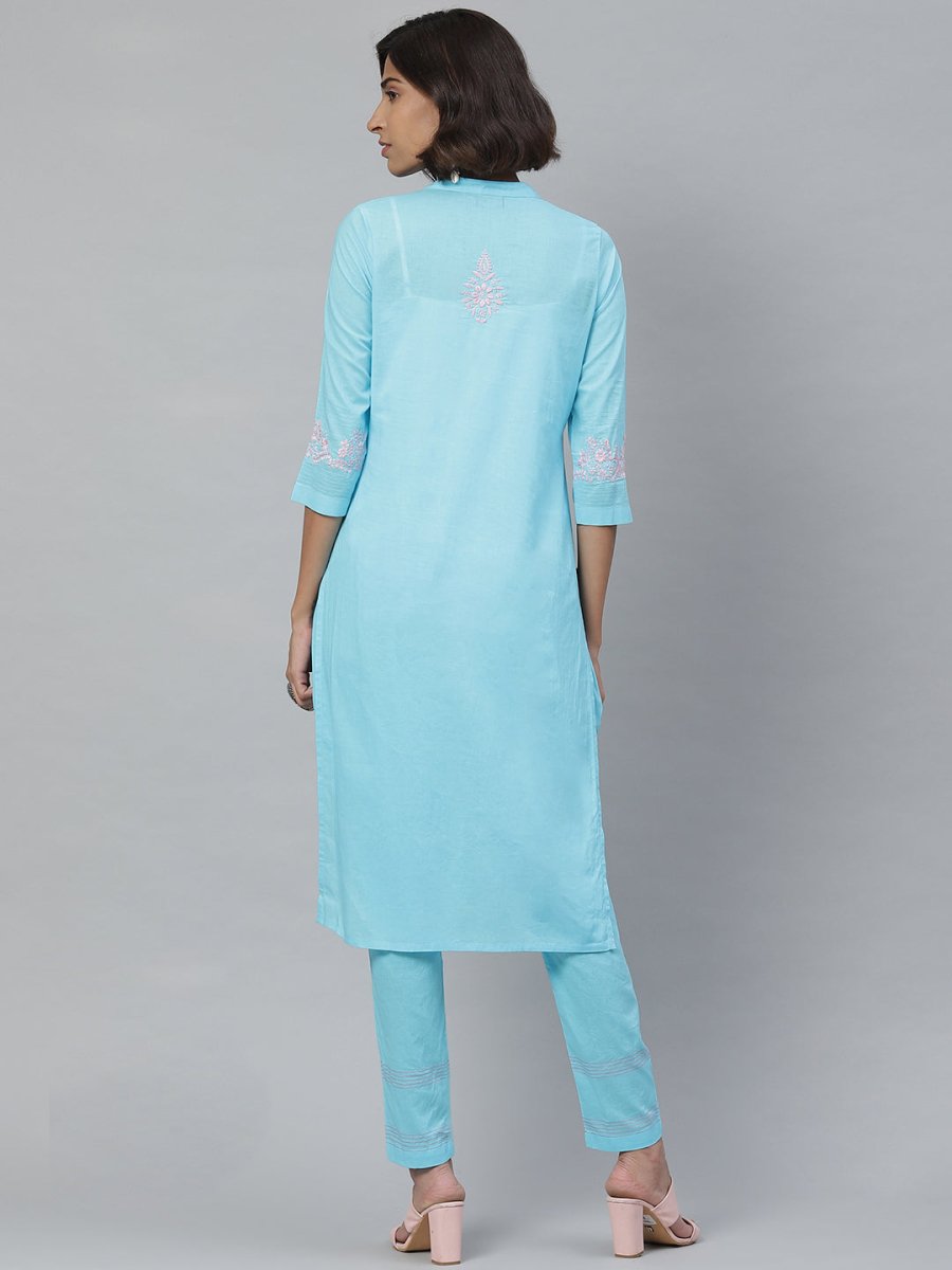 ADA Women Blue & Pink Chikankari Embroidered Sustainable Handloom Kurta with Trousers | Swadesiicart