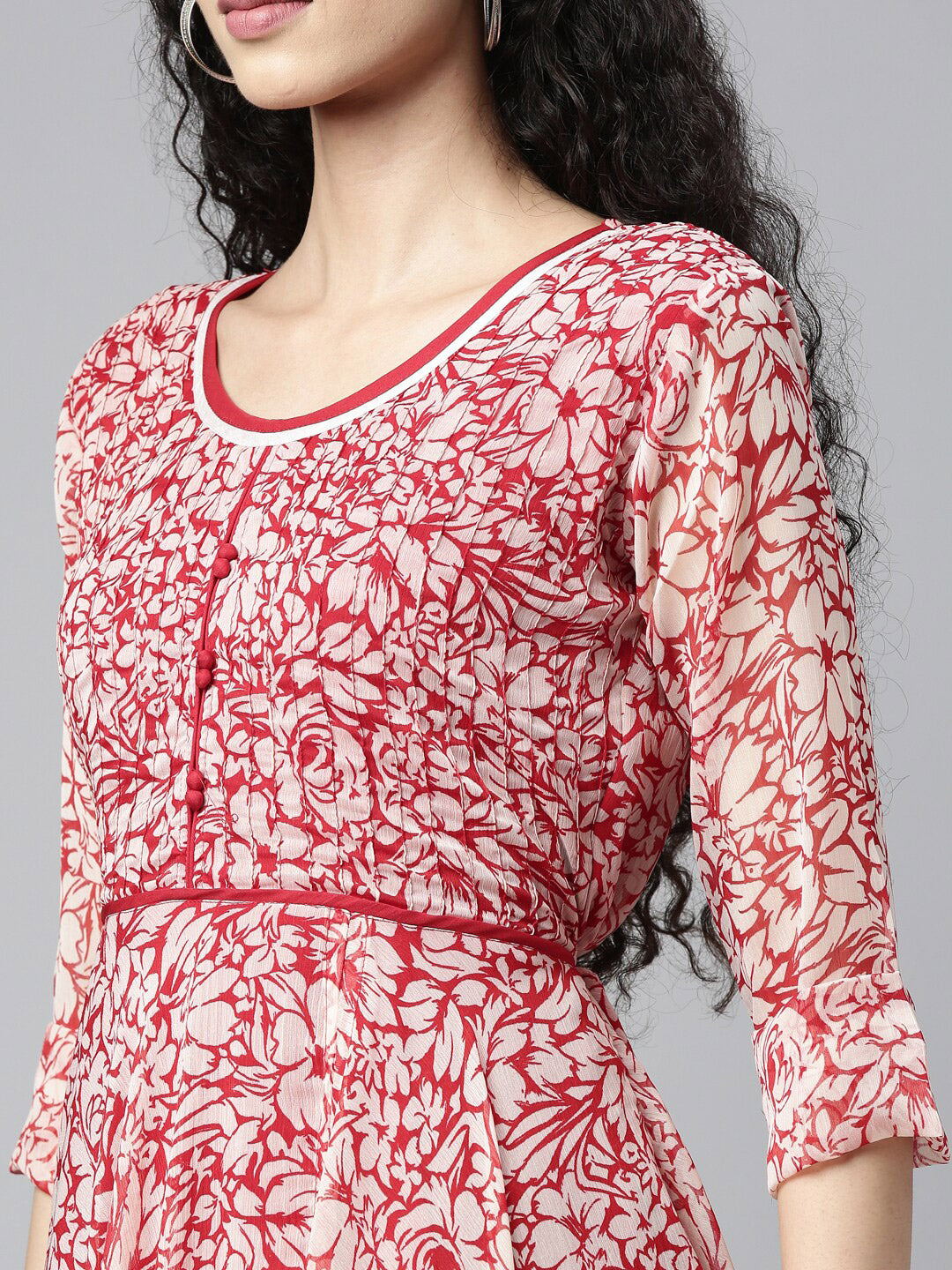 Souchii White & Red Floral Layered Chiffon Beautiful Midi Dress - Swadesiicart