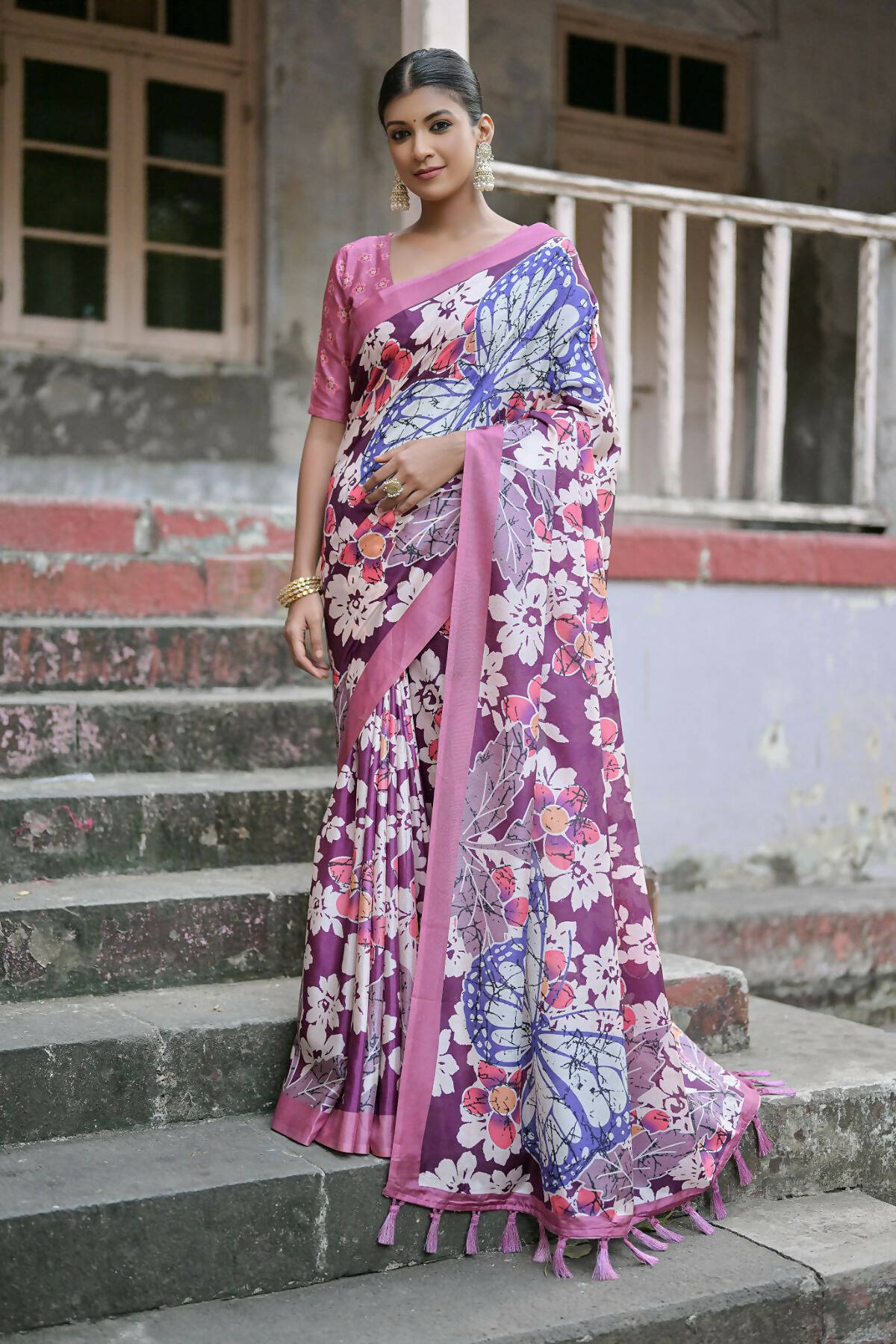 Vishnu Weaves Women's Wine Cotton Silk Printed Saree with Blouse - Swadesiicart