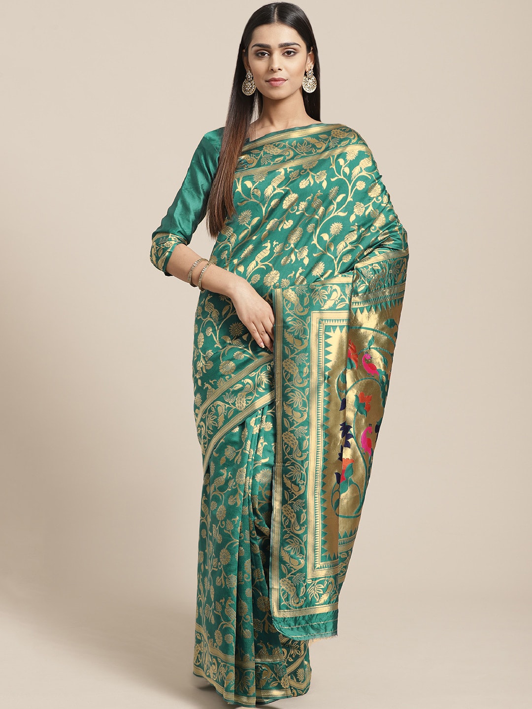 Saree Mall Teal Green & Golden Woven Design Banarasi Saree | Swadesiicart
