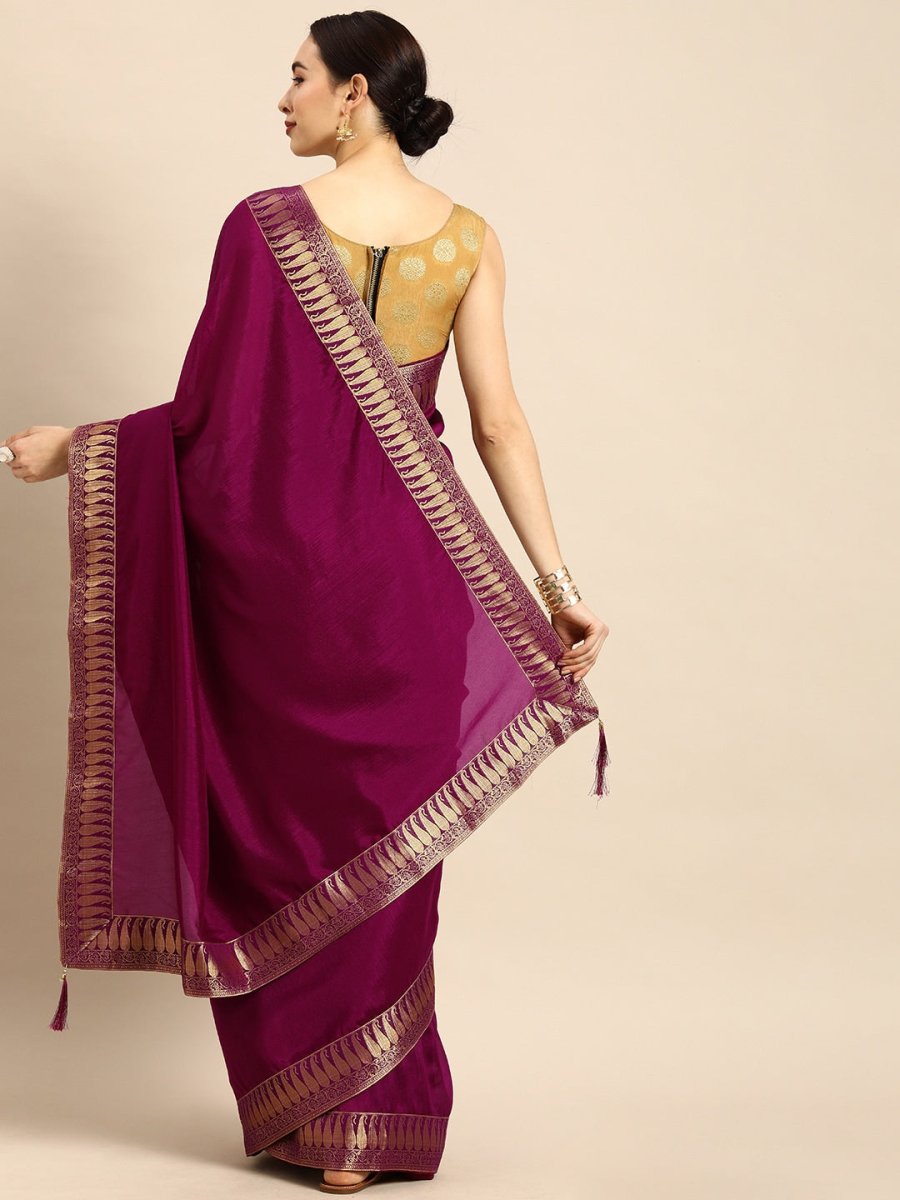 Anouk Purple Cotton Blend Solid Banarasi Saree | Swadesiicart