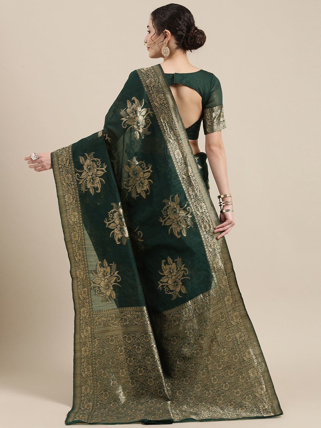Saree Mall Green Floral Linen Blend Banarasi Saree | Swadesiicart
