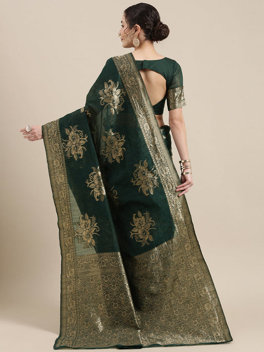 Saree Mall Green Floral Linen Blend Banarasi Saree | Swadesiicart