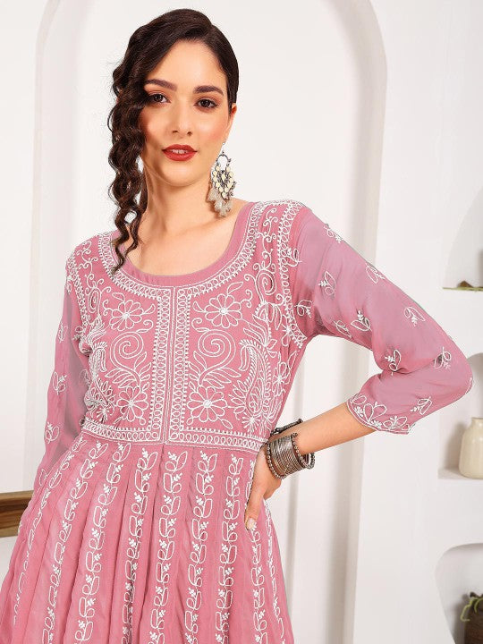 HERE&NOW Women Chikankari Embroidered Thread Work Georgette Anarkali Kurta | Swadesiicart