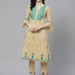 ADA Women Beige & Teal Green Chikankari Embroidered Sustainable Handloom Kurta with Trousers | Swadesiicart