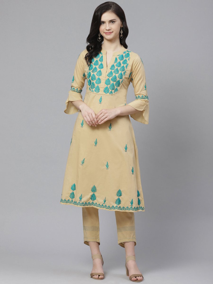 ADA Women Beige & Teal Green Chikankari Embroidered Sustainable Handloom Kurta with Trousers | Swadesiicart