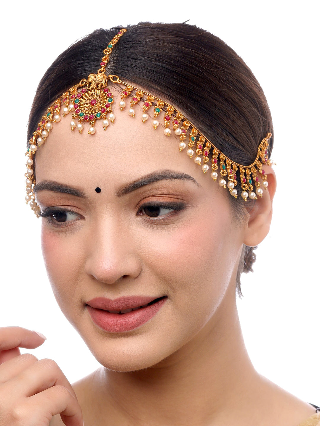 Yellow Chimes Women Gold-Polished,Maroon,Green White Pearl Hanging Bridal Mathapatti | Swadesiicart