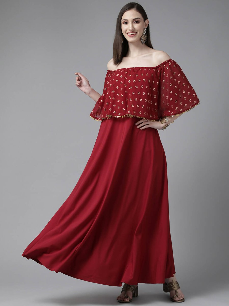 Ahalyaa Womens Maroon Cotton Blend Gold Printed Dress | Swadesiicart