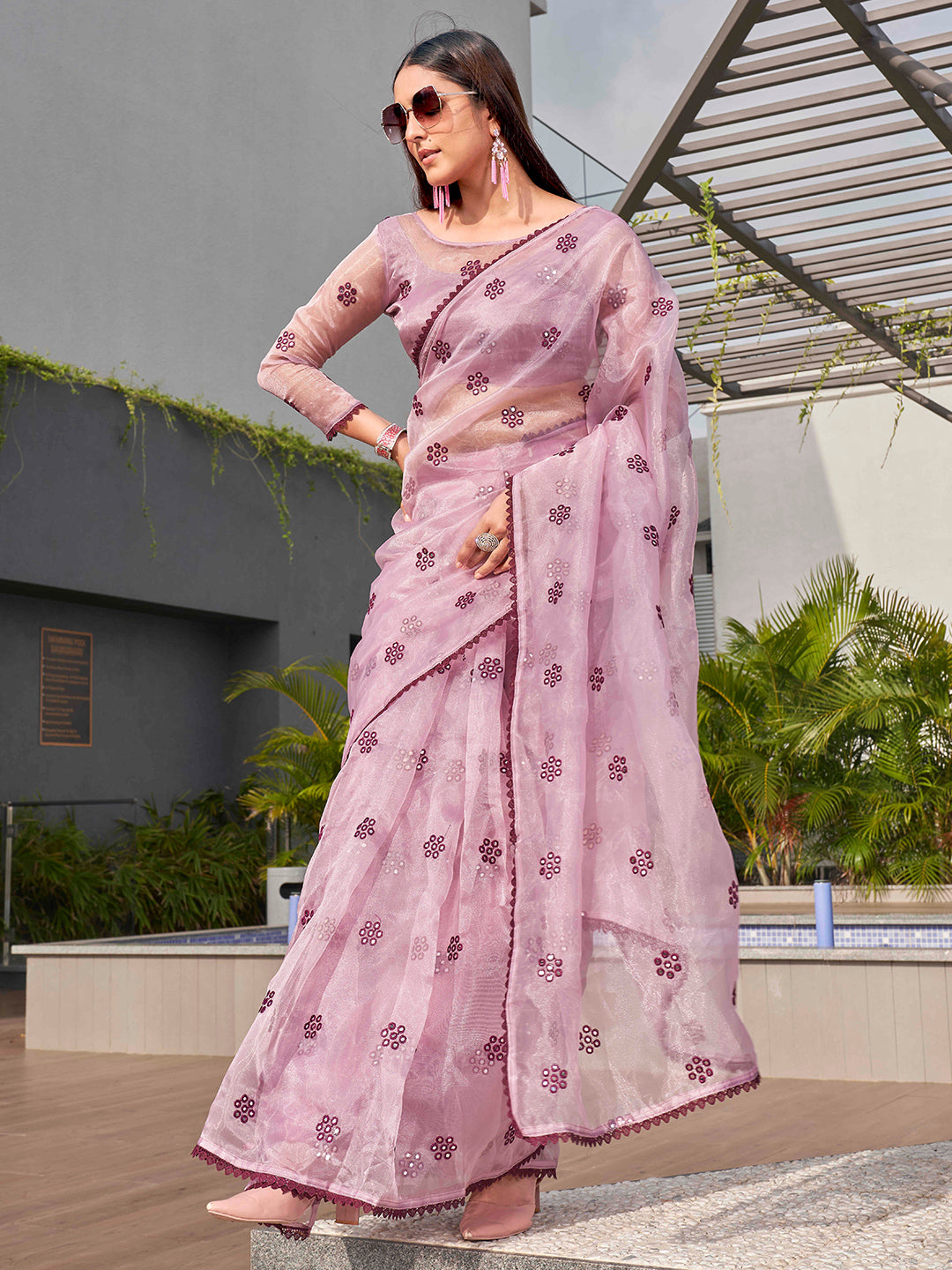 Tikhi Imli Ethnic Motifs Mirror Work Organza Saree | Swadesiicart