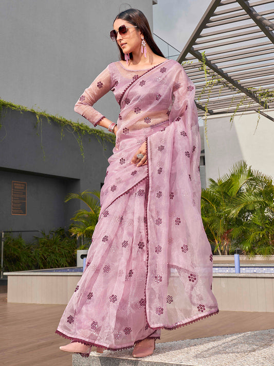 Tikhi Imli Ethnic Motifs Mirror Work Organza Saree | Swadesiicart
