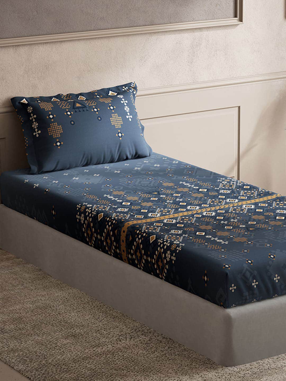 DDecor Blue & Brown Ethnic Motifs Cotton 150 TC Single Bedsheet with 1 Pillow Cover - Swadesiicart