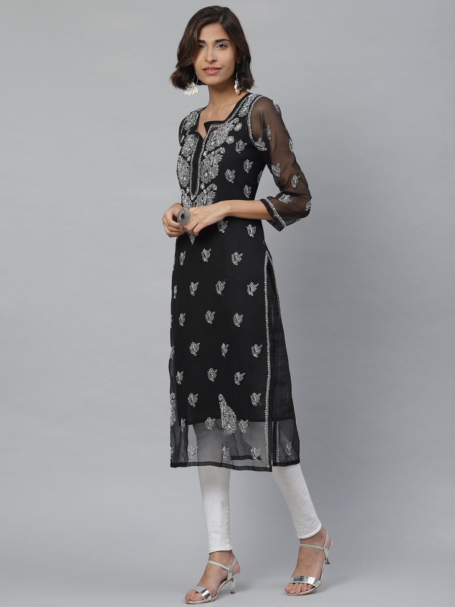 ADA Women Black & White Paisley Chikankari Embroidered Straight Handloom Kurta | Swadesiicart
