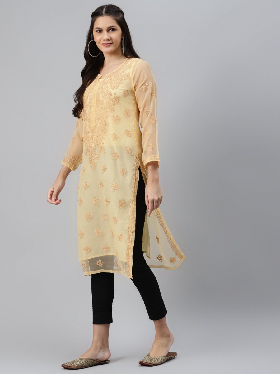 ADA Women Beige & Black Ethnic Motifs Embroidered Chikankari Handloom Kurta with Trousers & Inner | Swadesiicart