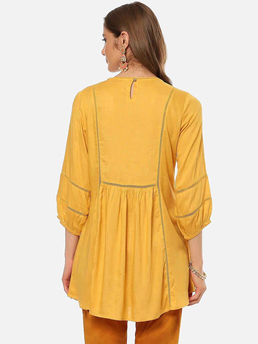 Biba Women Yellow Pleated And Panelled Puff Sleeves Kurti - Swadesiicart